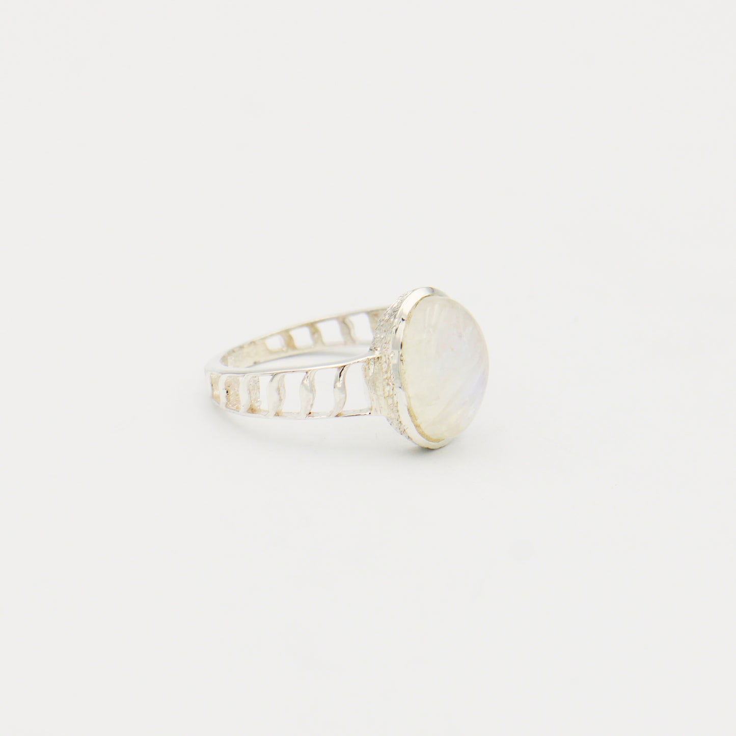 Rainbow Moonstone Oval Textured Sterling Ring Size 8.5