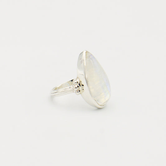 Rainbow Moonstone Large Pearl Sterling Ring Size 8.5