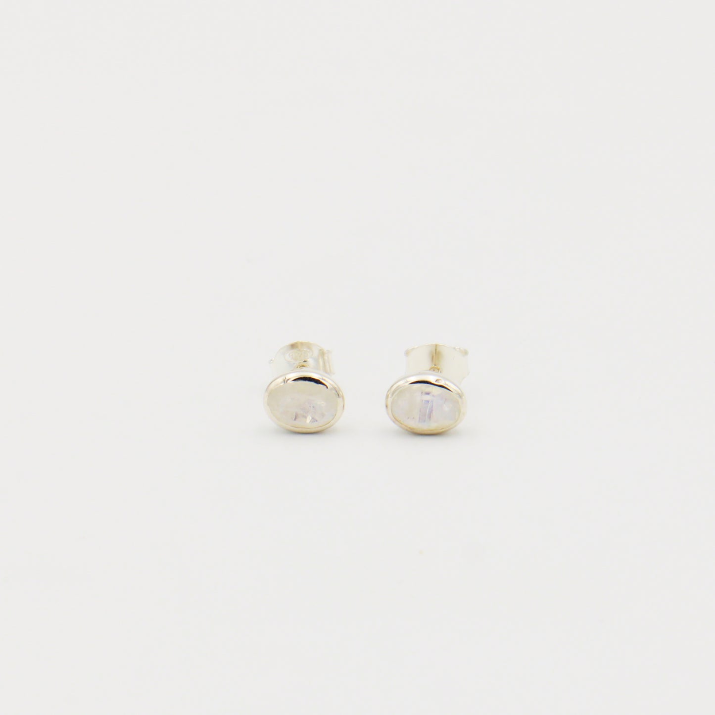 Rainbow Moonstone Oval Bezel Sterling Studs