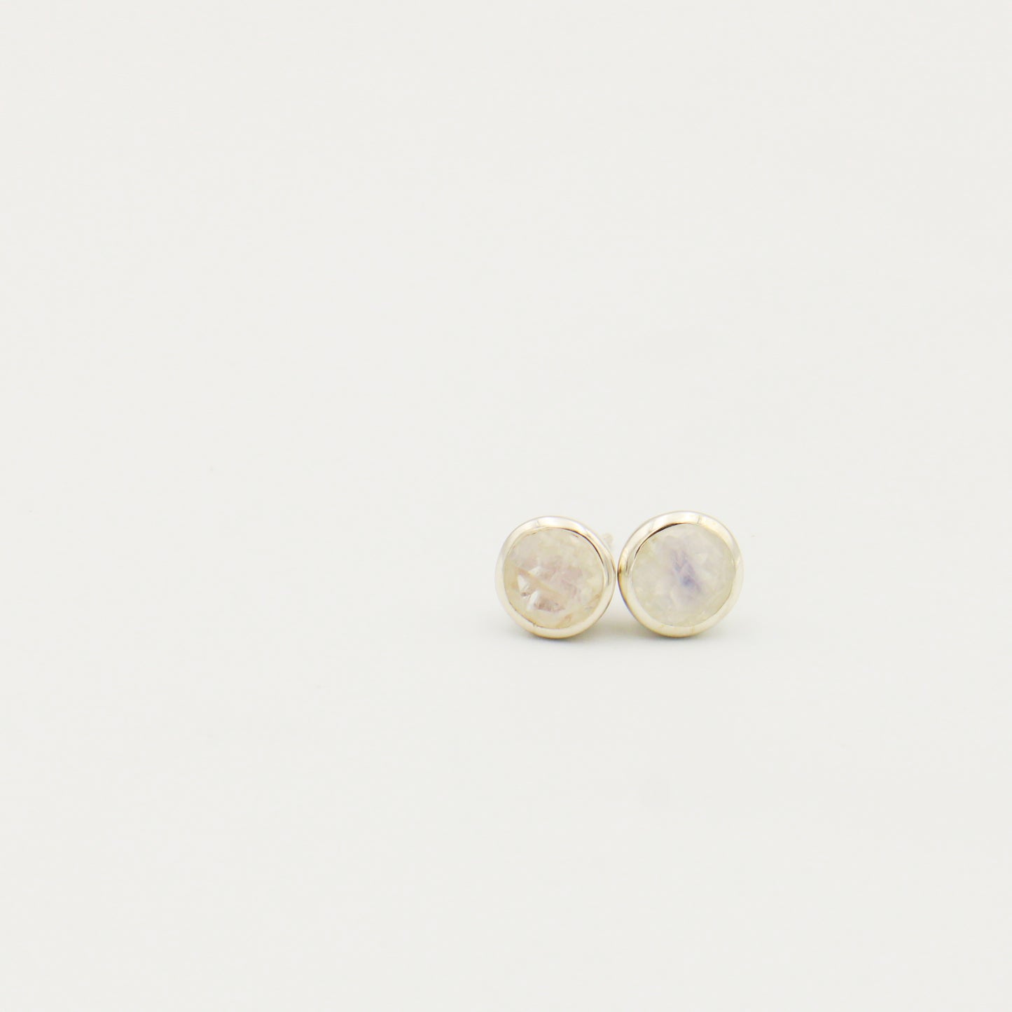Rainbow Moonstone Round Bezel Sterling Studs