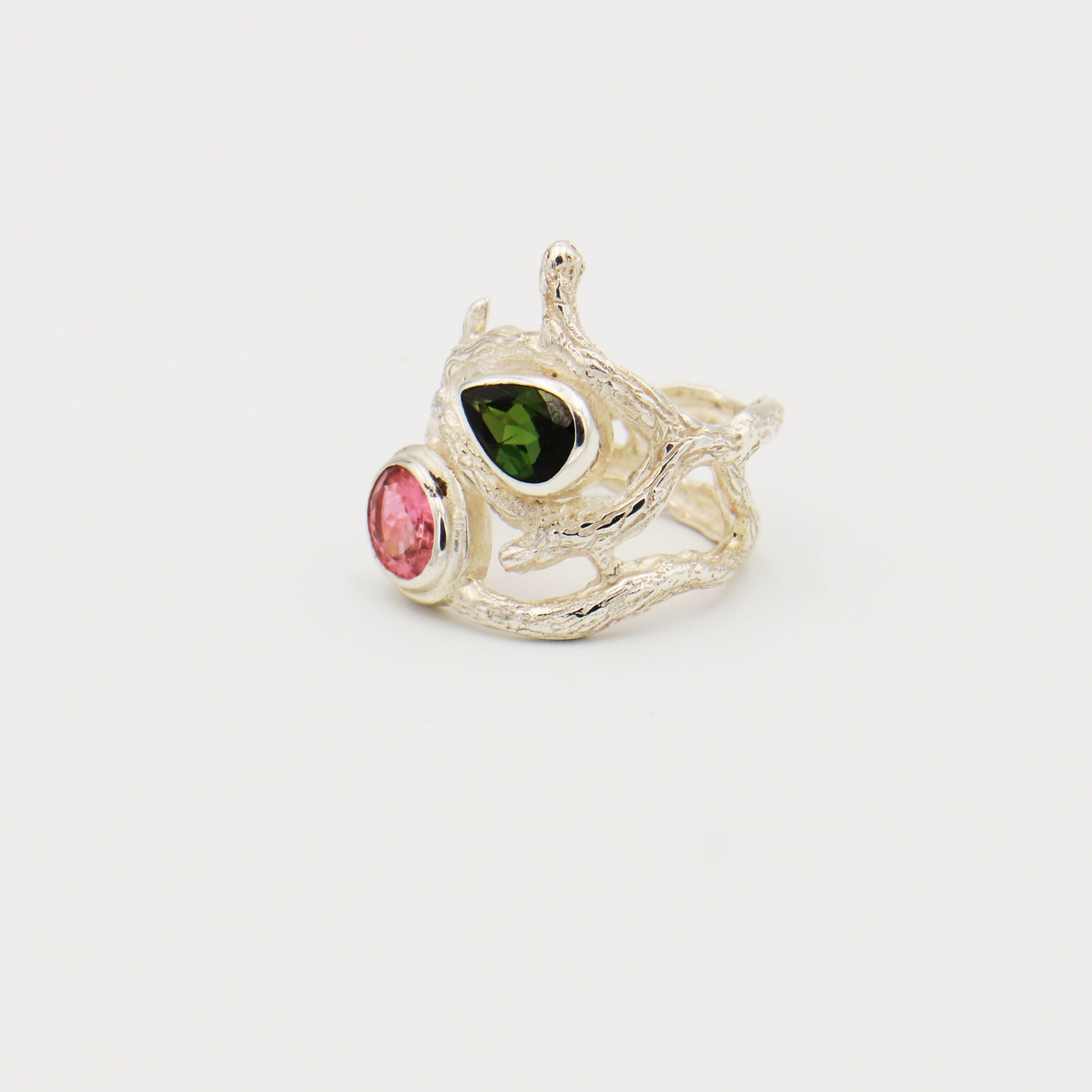 Pink & Green Tourmaline Sterling Branch Ring Size 8