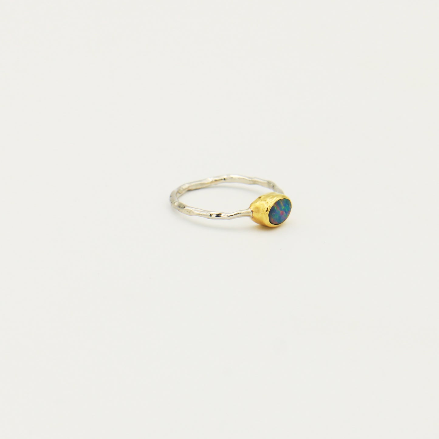 Dainty Oval Australian Opal GP Hammered Sterling Ring Size 6