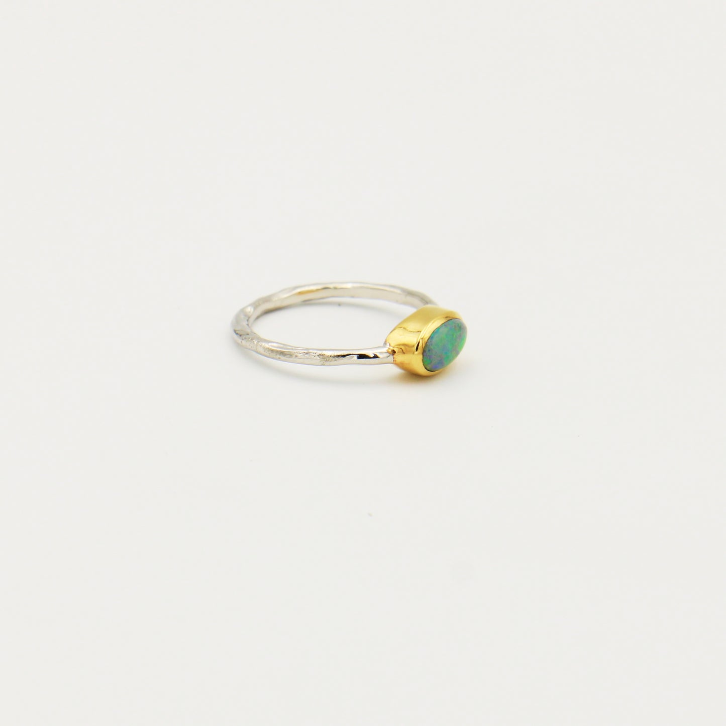 Dainty Australian Opal GP Hammered Sterling Ring Size 8