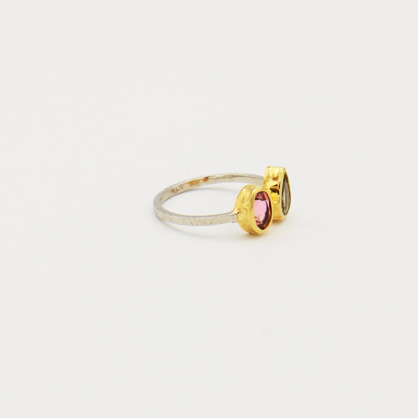 2 Stone Tourmaline Ring GP Hammered Sterling Ring Size 8