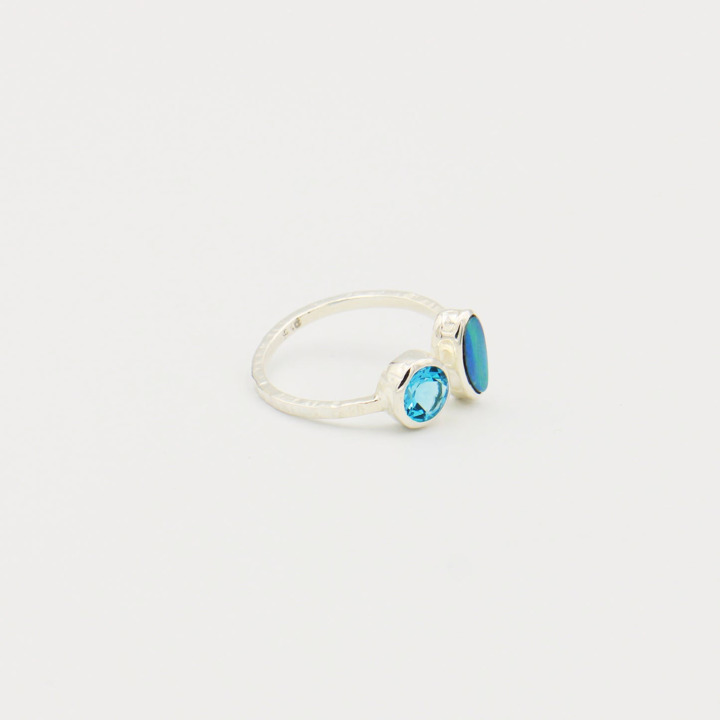 Australian Opal & Blue Topaz Hammered Sterling Ring Size 8