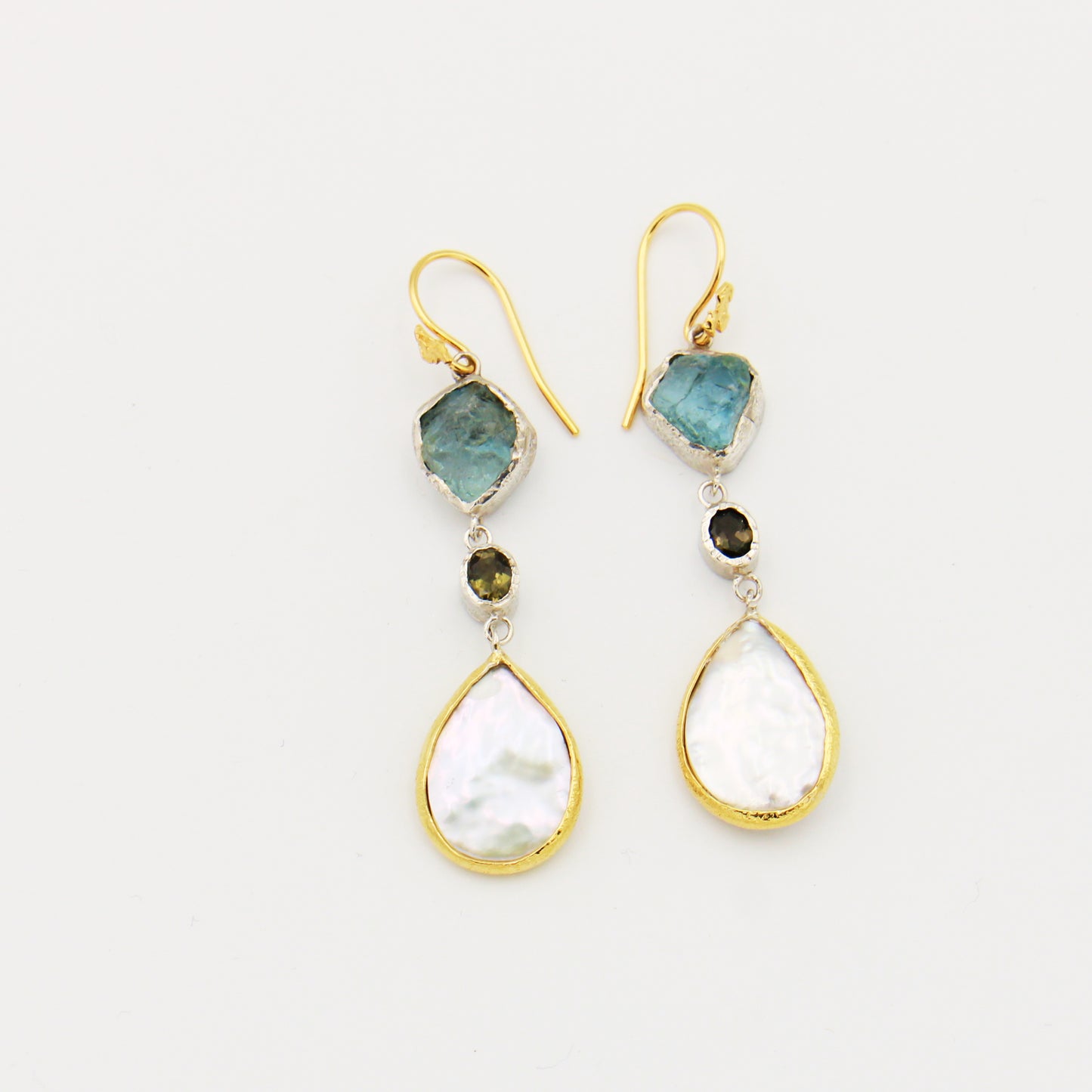 Rough Aquamarine, Tourmaline & Baroque Pearl Dangle Earrings