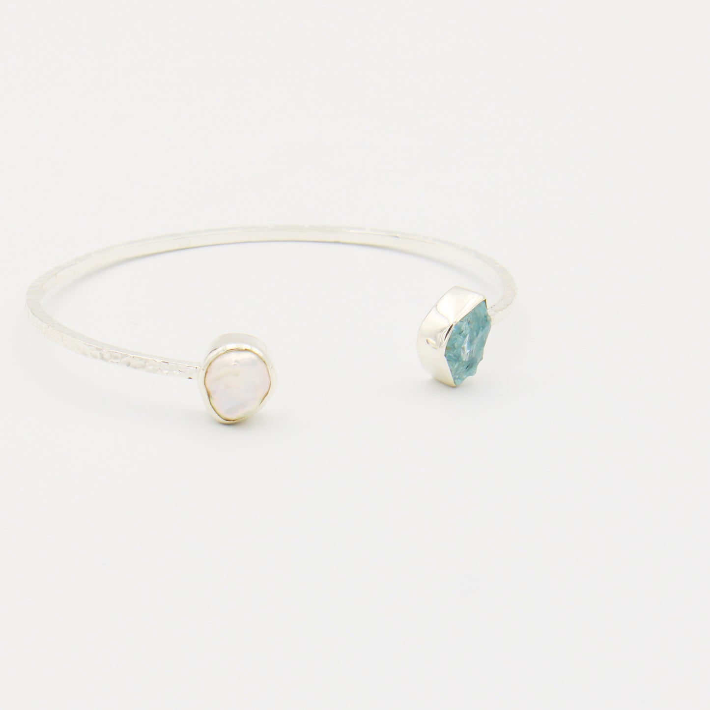 Rough Aquamarine & Baroque Pearl Sterling Hammered Cuff