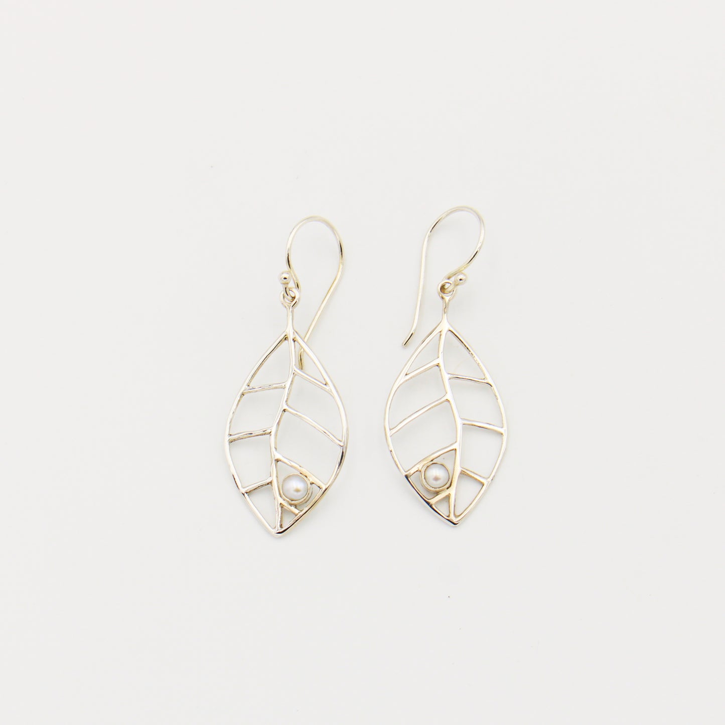 Sterling Leaf Dangle Earrings with Tiny Pearl