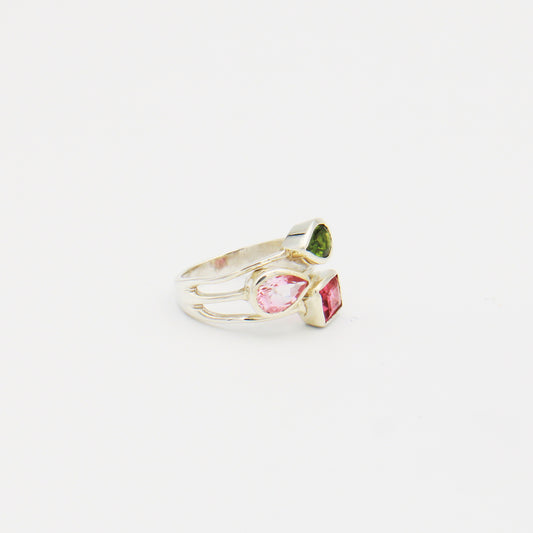 Tourmaline Three Stone Sterling Split Shank Ring Size 7
