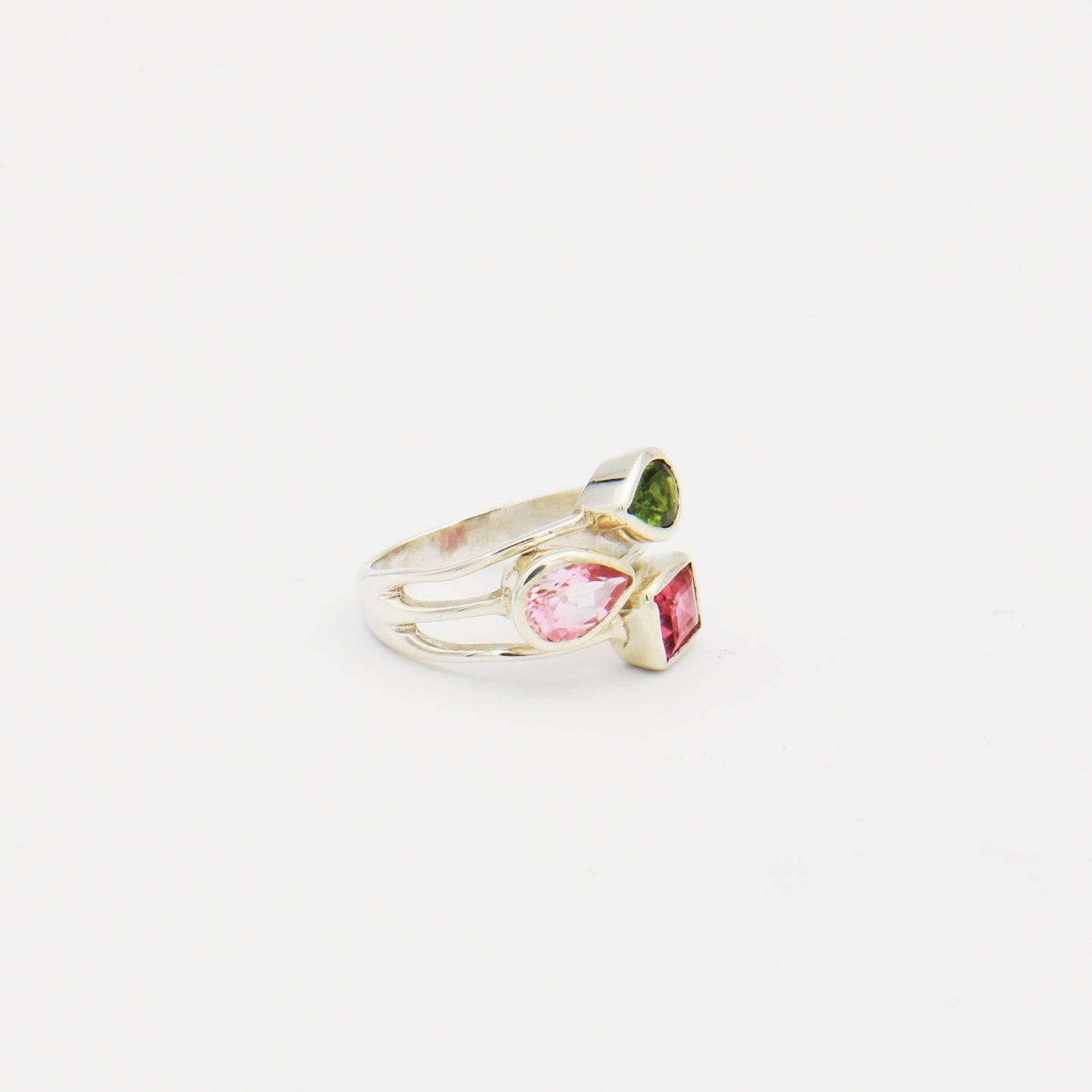 Tourmaline Three Stone Sterling Split Shank Ring Size 7