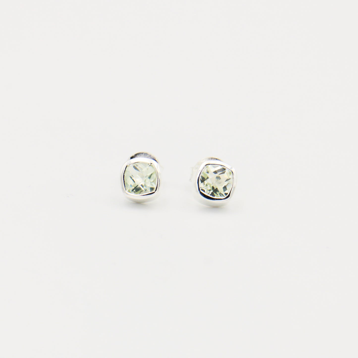 Green Amethyst Cushion Bezel Sterling Studs