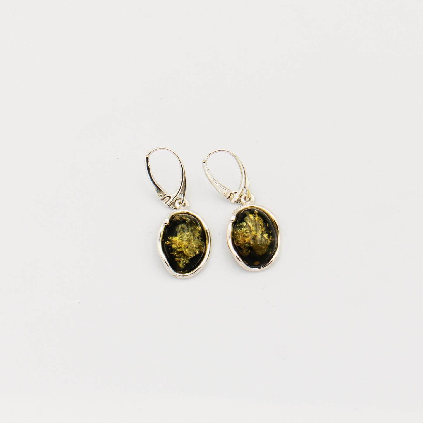 Green Amber Oval Sterling Wavy Bezel Earrings