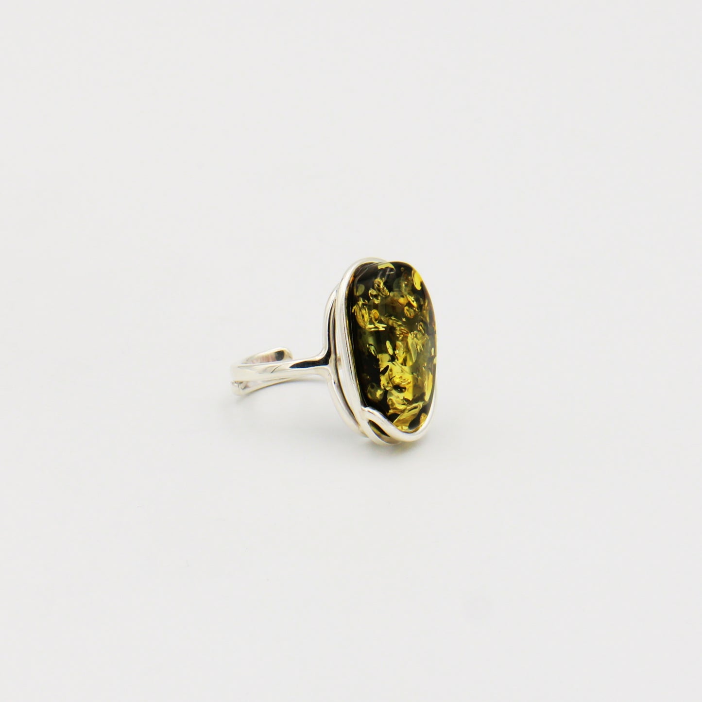 Green Amber Oval Sterling Ring Size Adj
