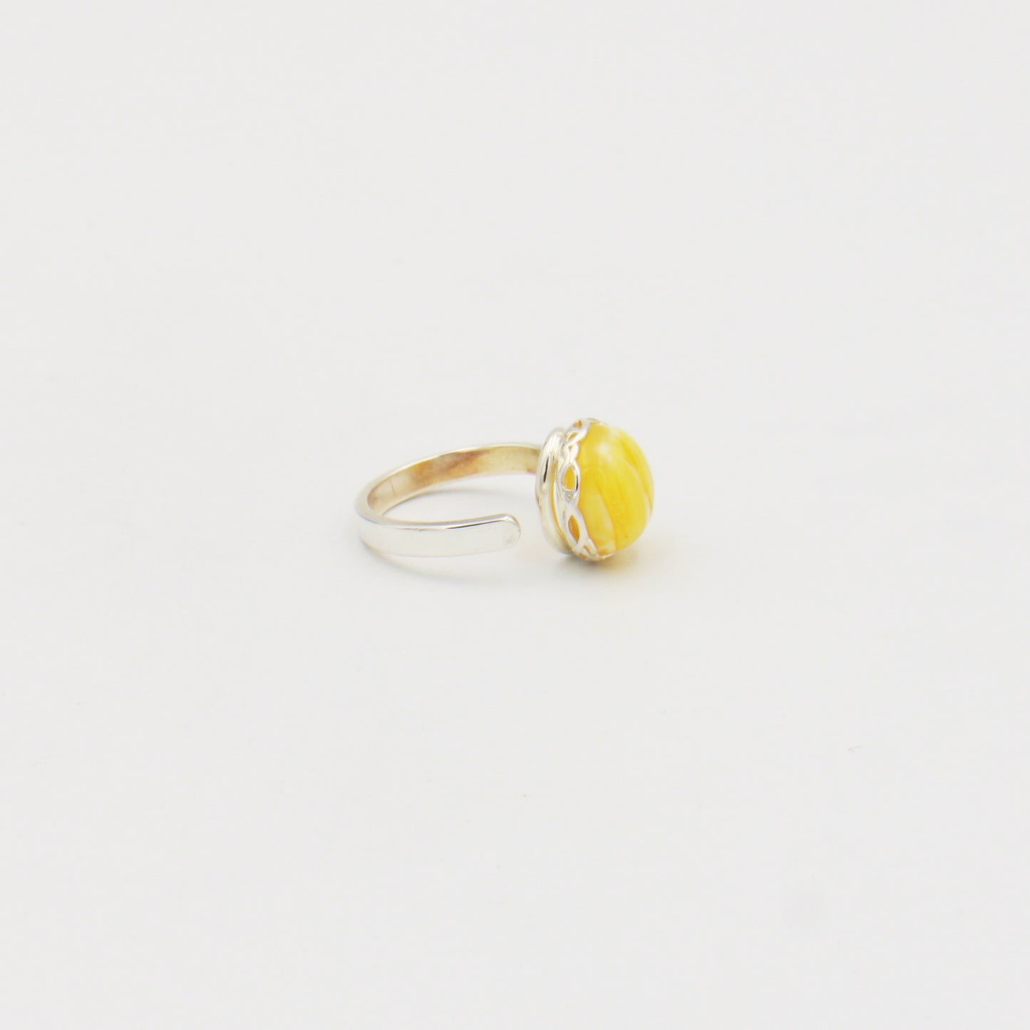 Butterscotch Amber Round Sterling Lattice Bezel Ring Size Adj