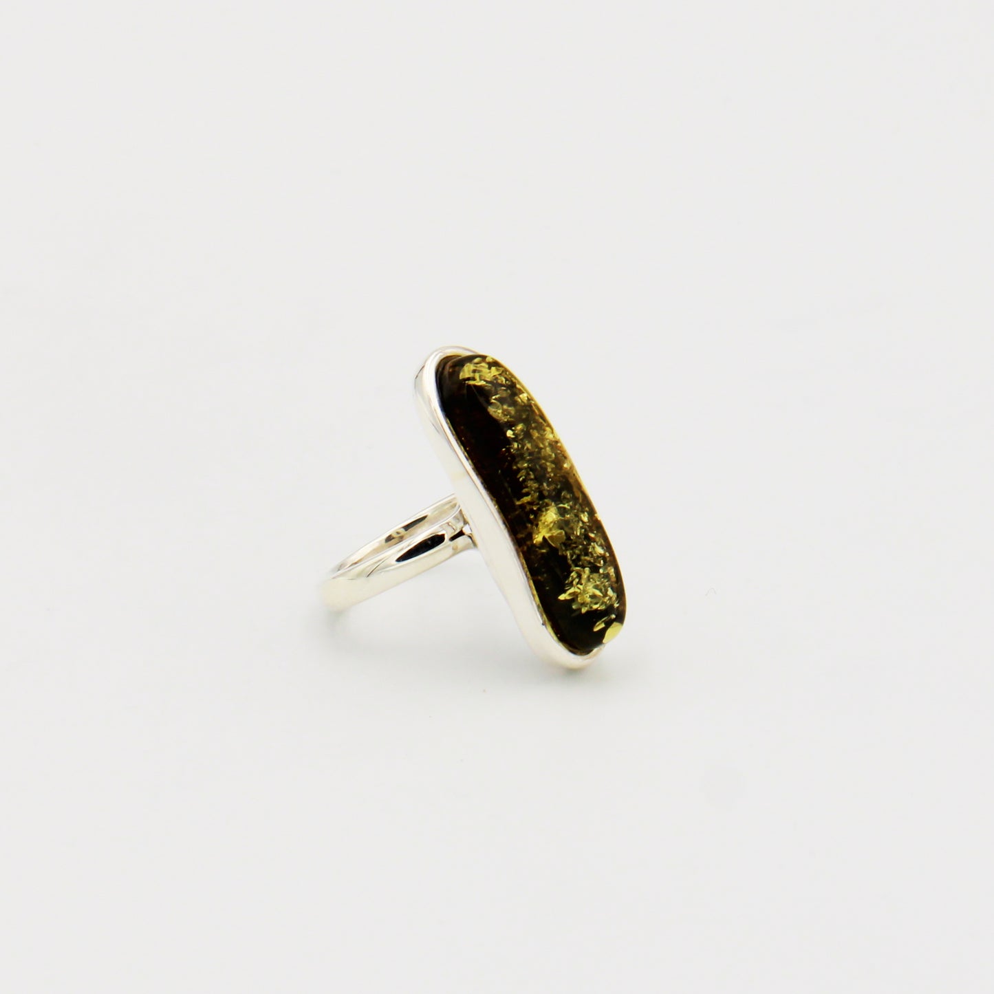Green Amber Long Oval Sterling Ring Size Adj