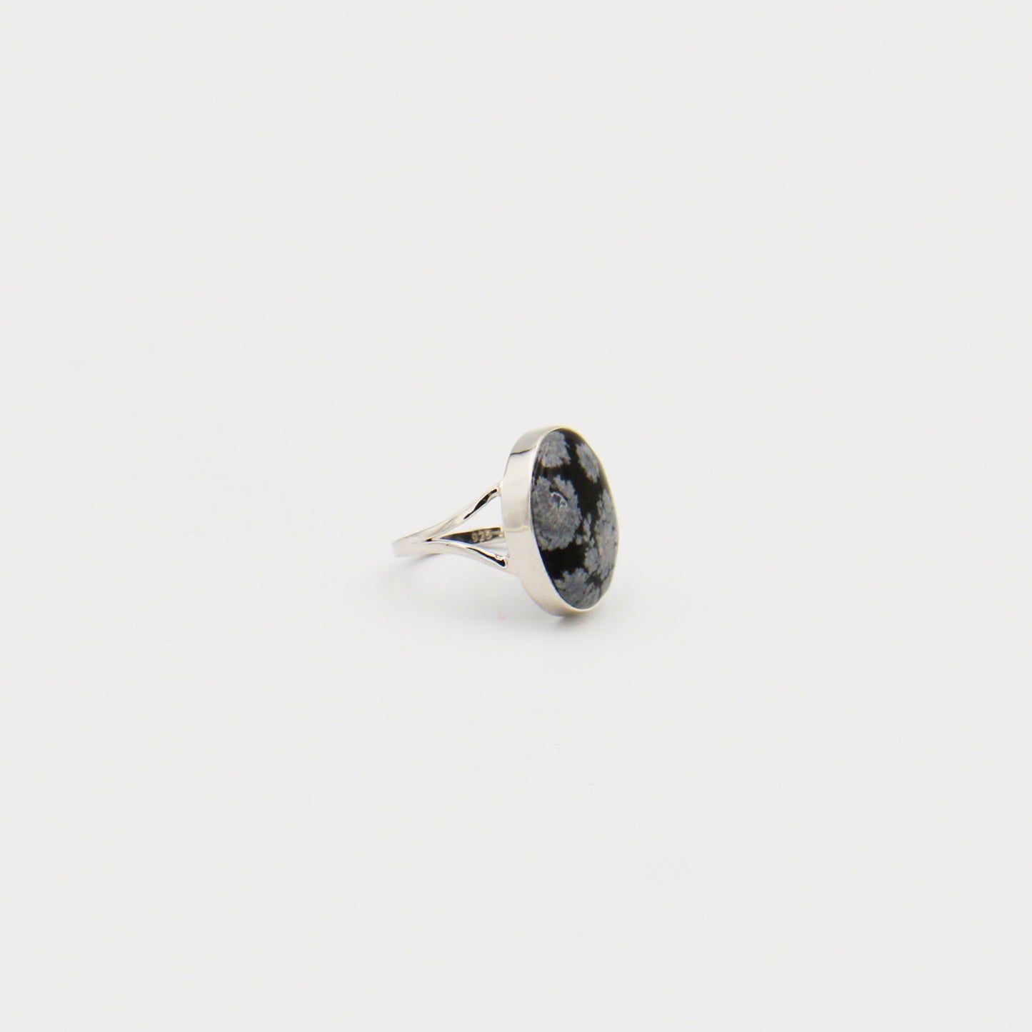 Snowflake Obsidian Oval Split Shank Sterling Ring Size 6