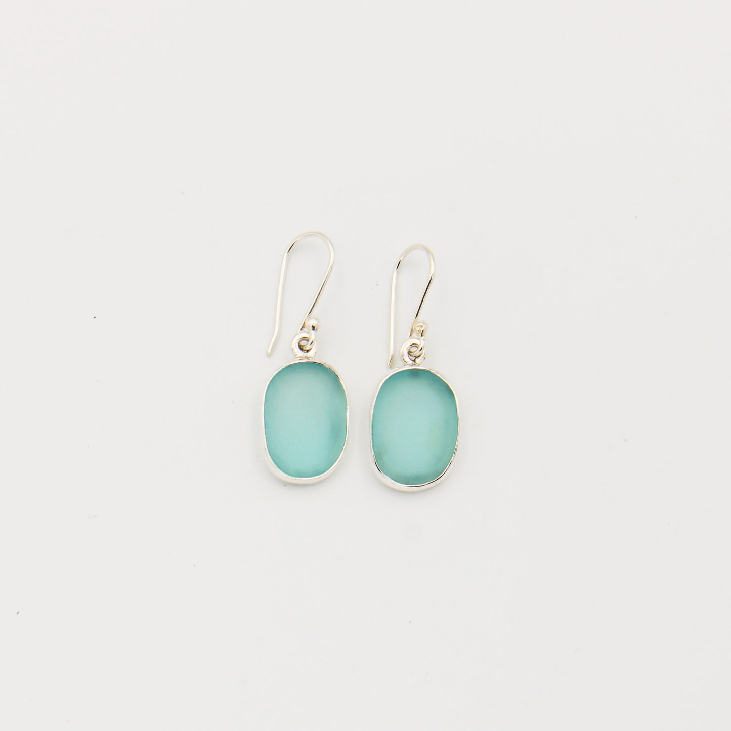 Beach Glass Ice Blue Oval Sterling Earrings