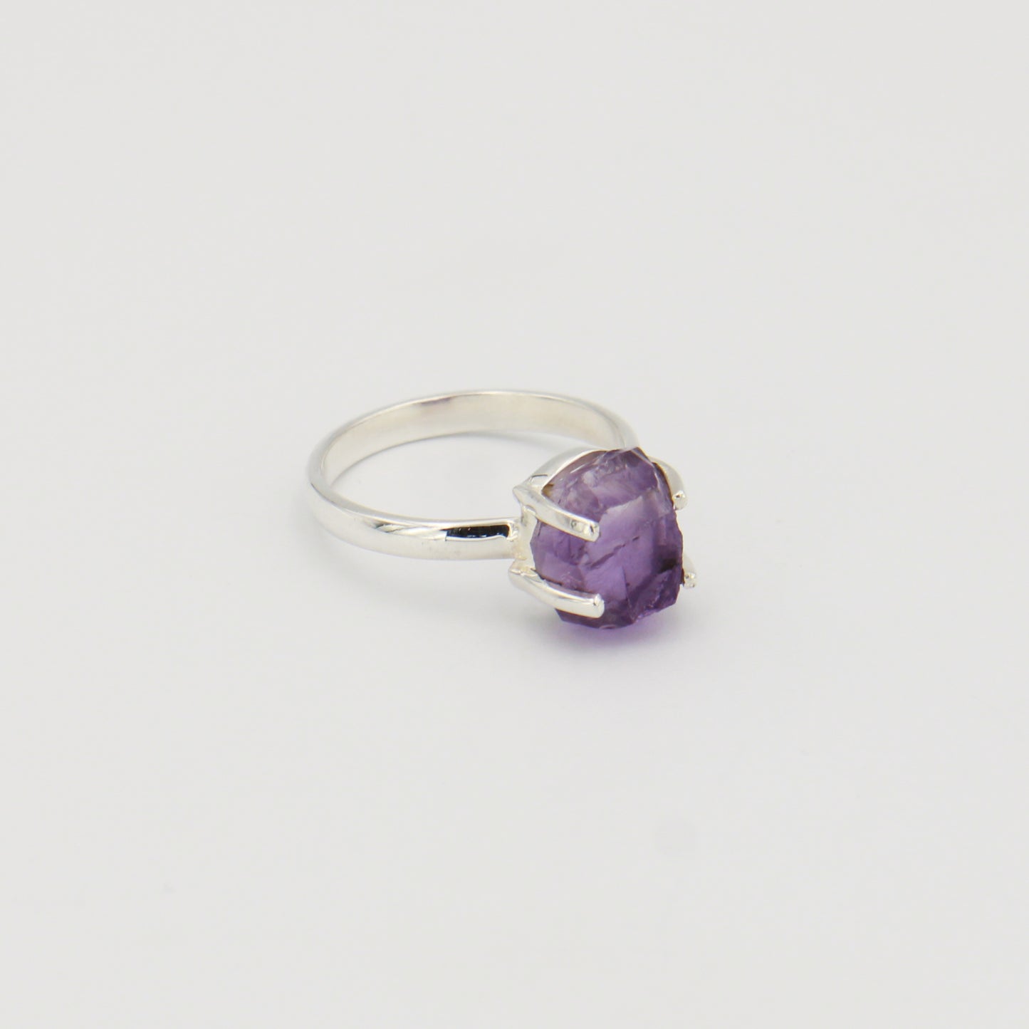 Raw Amethyst Prong Sterling Ring Sz 8