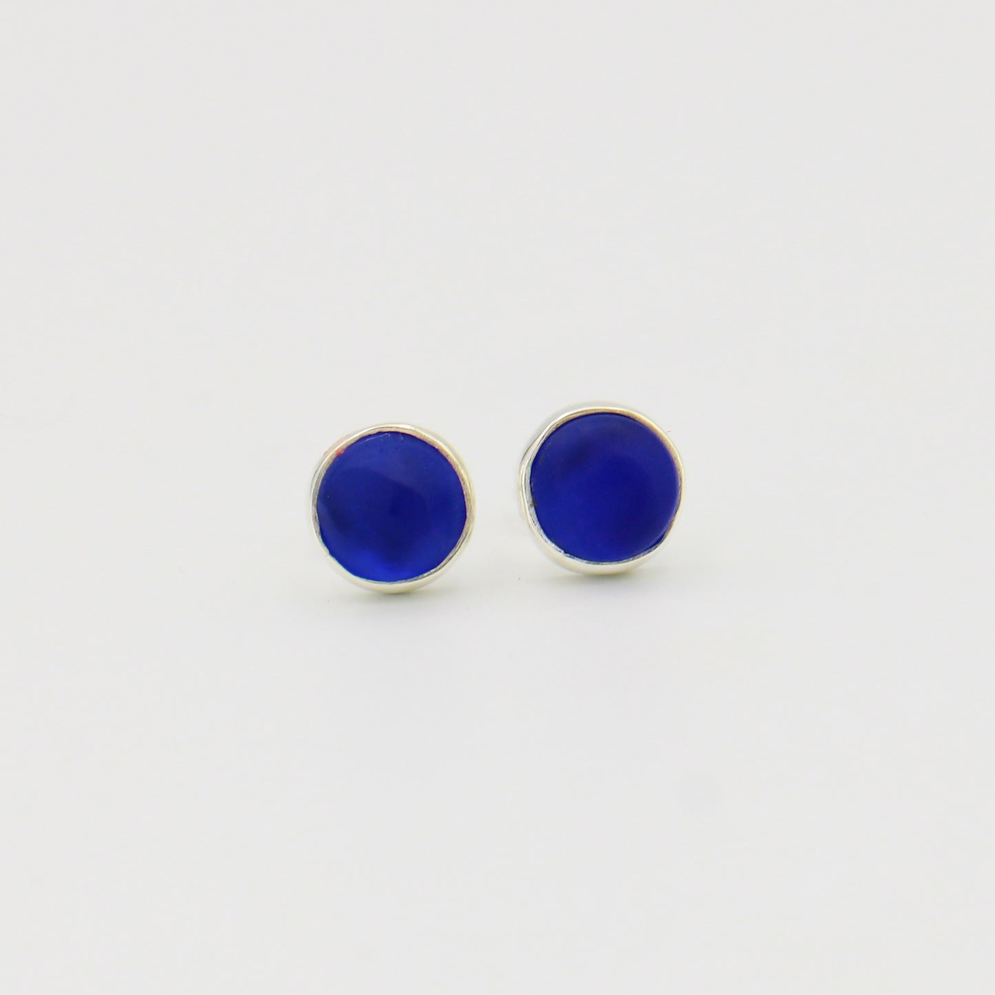 Cobalt Beach Glass Round Sterling Studs