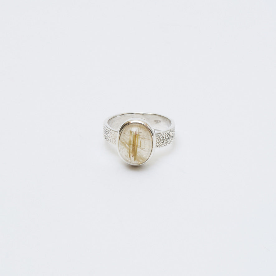 Rutilated Quartz Sm Oval Sterling Textured Ring Sz 6