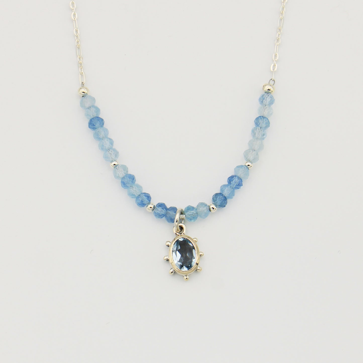 Blue Topaz Oval & Aquamarine Beads Sterling Necklace