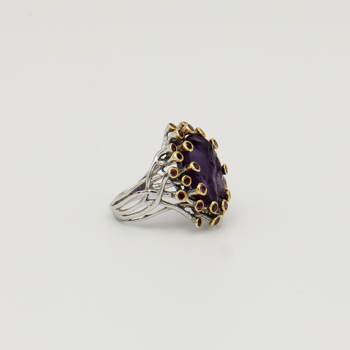Rough Amethyst with Gold Tipped Amethysts Ring - Size 8.5