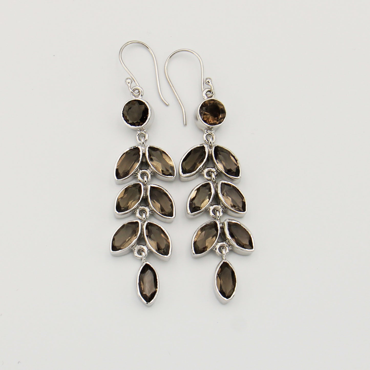Smoky Quartz Leaves Long Sterling Earrings