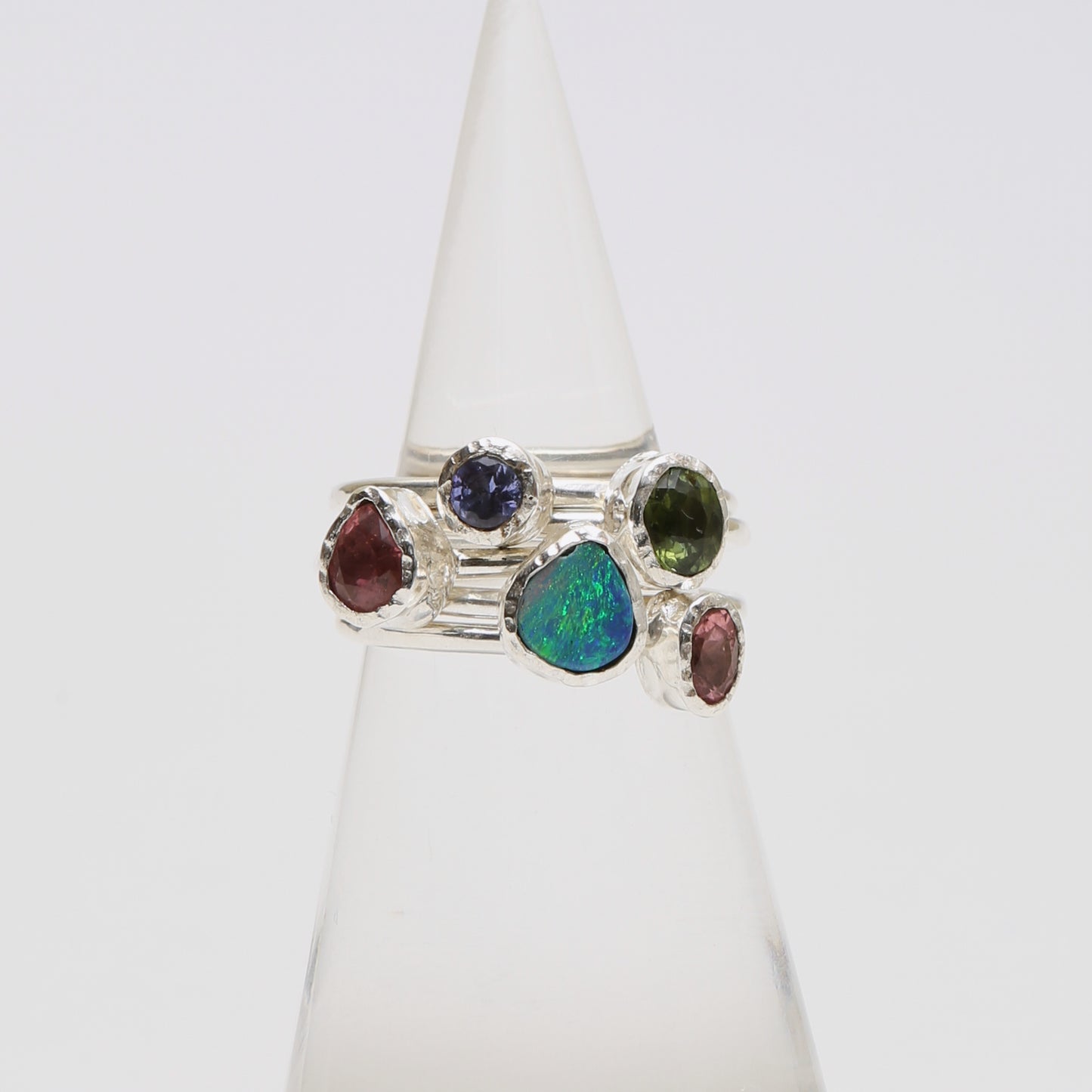Tourmaline, Tanz. & Opal Multi Stack Sterling Ring Sz 7