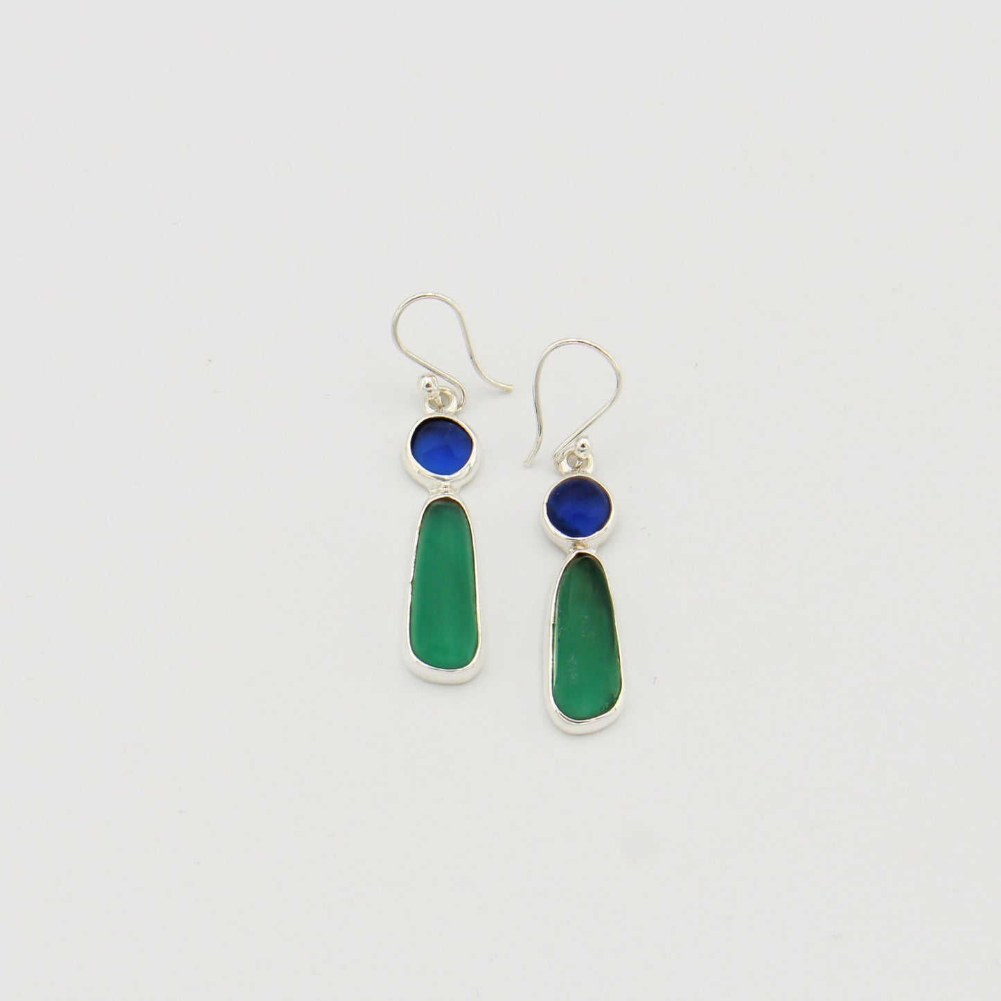 Cobalt and Sea Green Beach Glass Sterling Earrings
