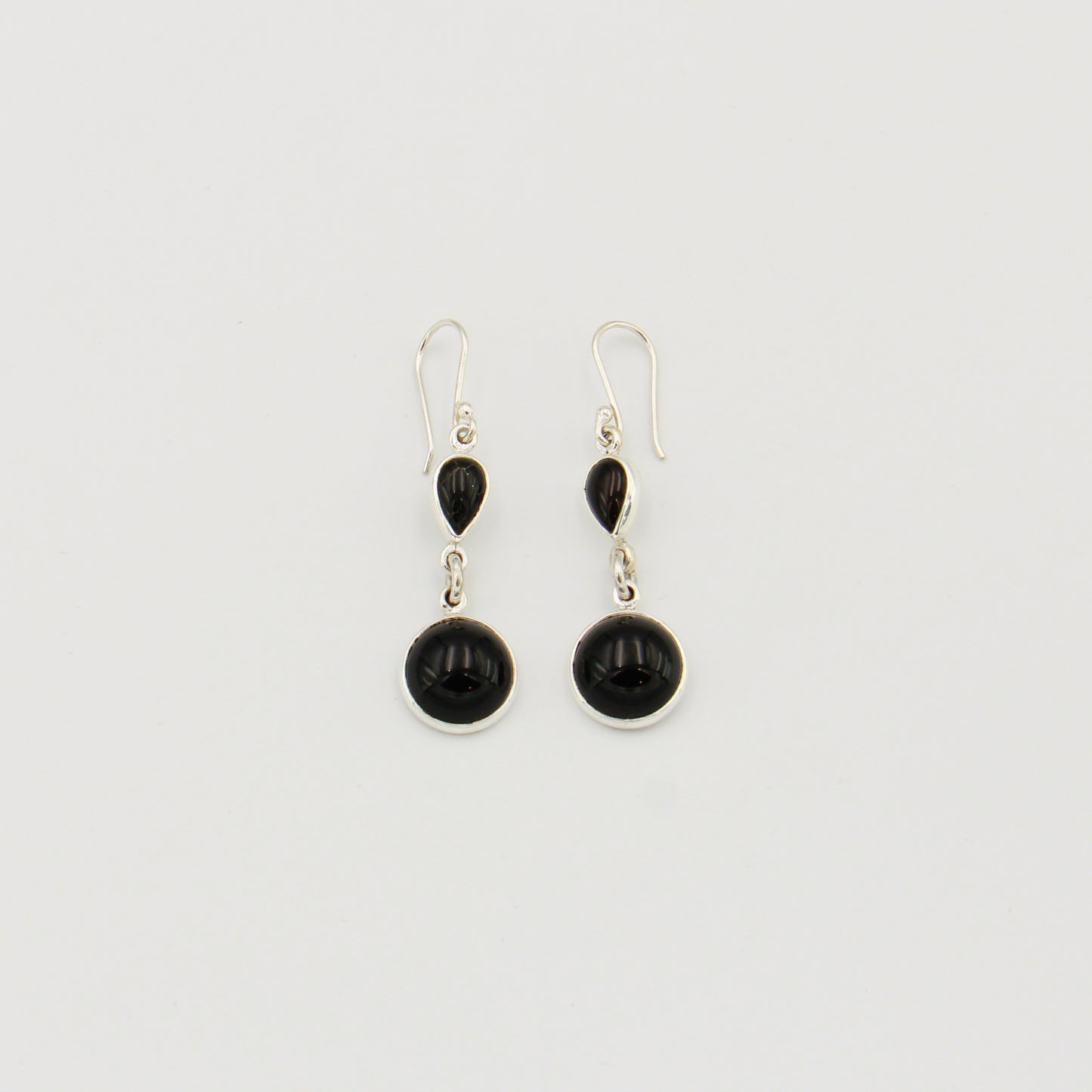 Onyx Pear & Round Sterling Earrings