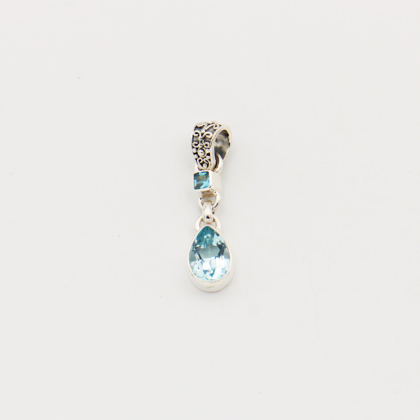 Blue Topaz Pear & Tiny Square Sterling Pendant