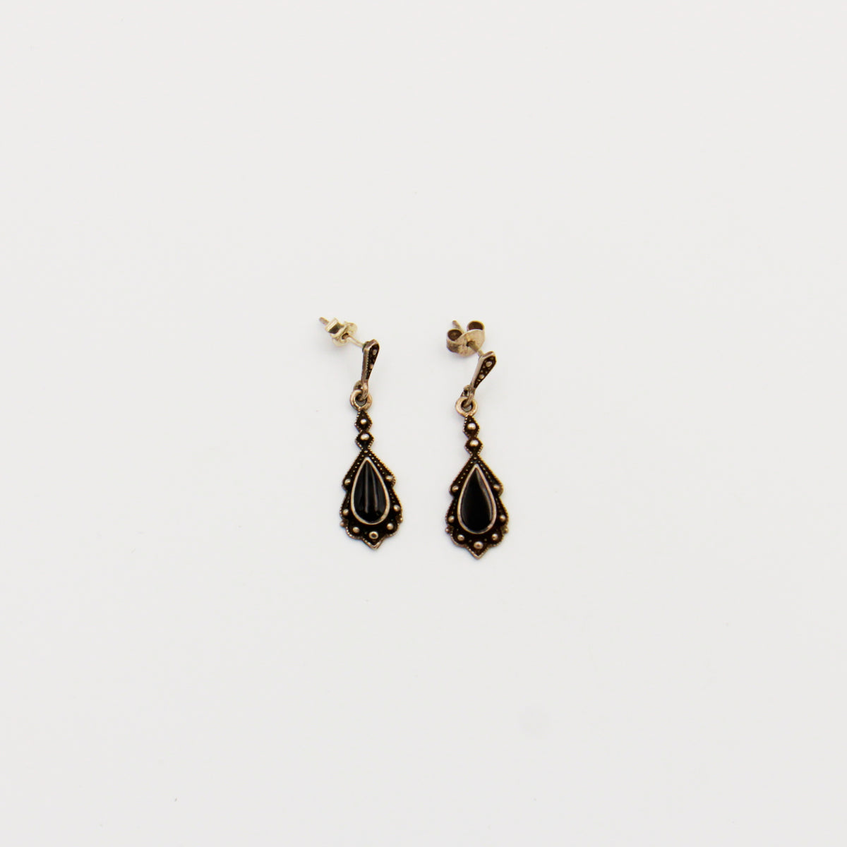 Onyx Teardrop Antique Sterling Earrings