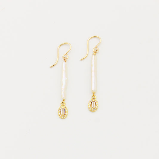 Biwa Pearl Bar GF Pave Earrings with Quartz