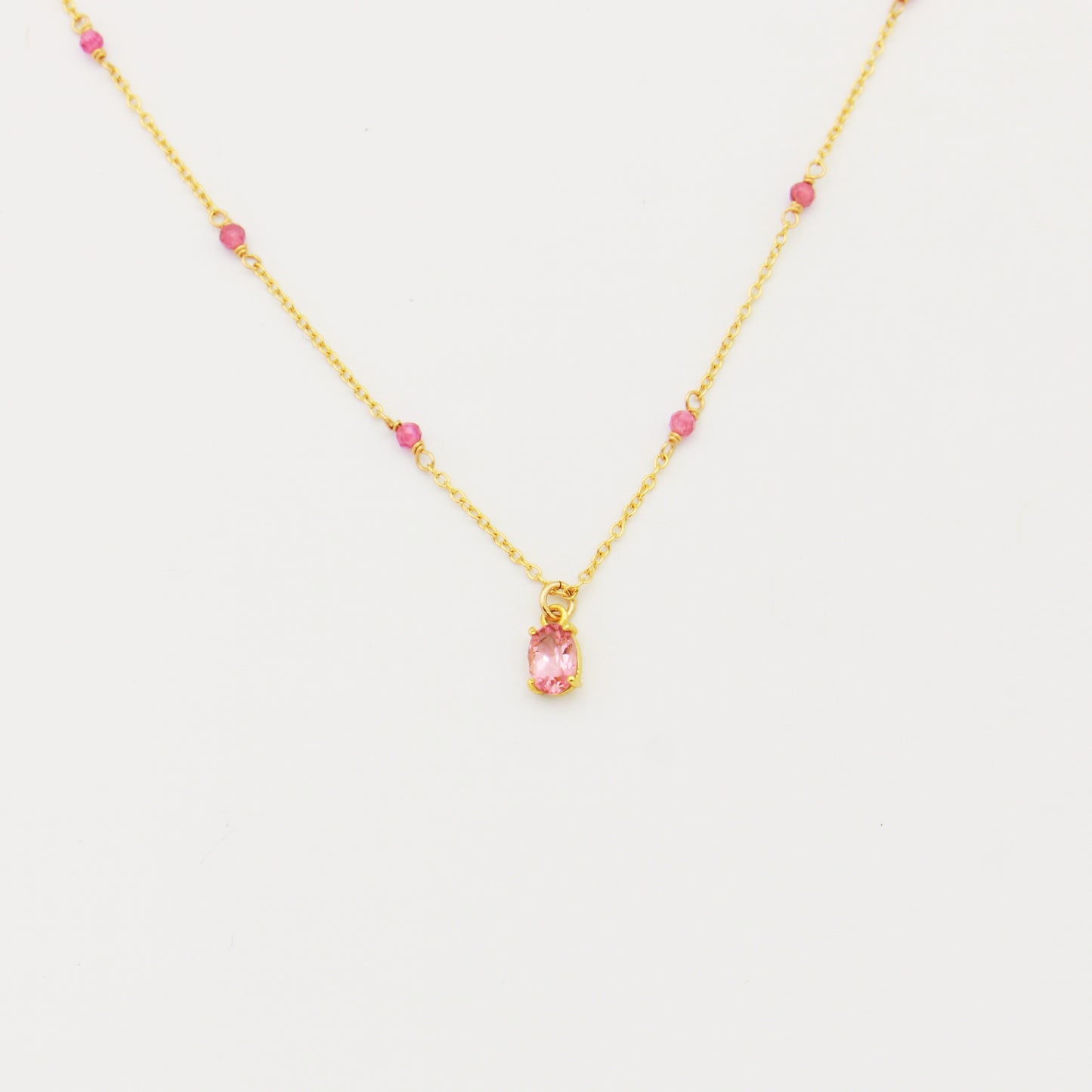 Pink Tourmaline Oval GF Beaded Necklace 16-18"