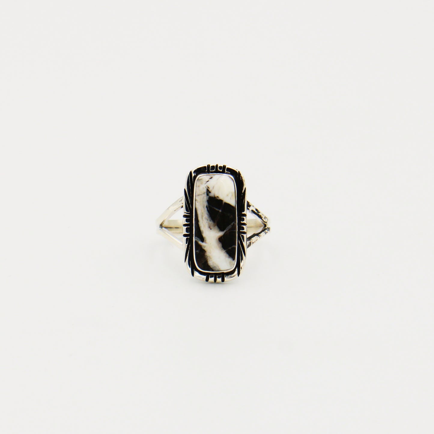 White Buffalo Rectangle Split Shank Sterling Ring Size 9