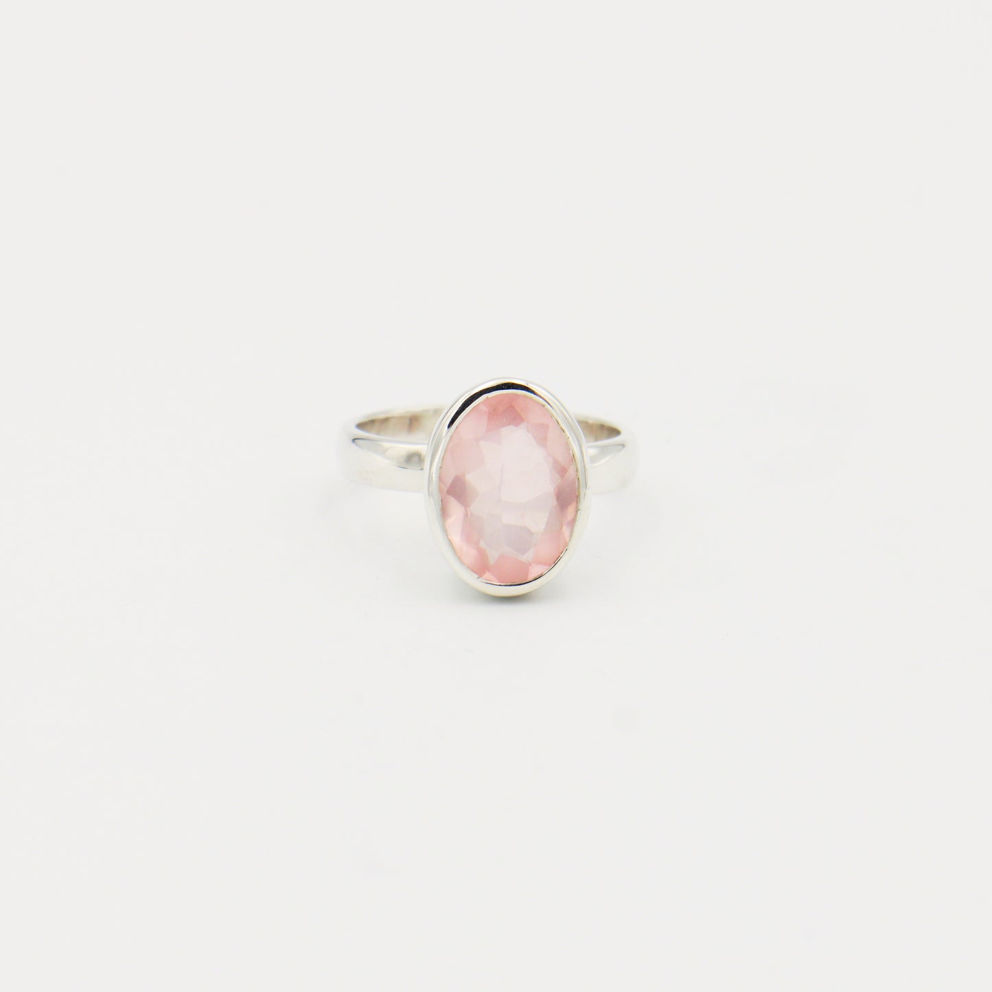 Rose Quartz Oval Bezel Sterling Ring Size 8.5