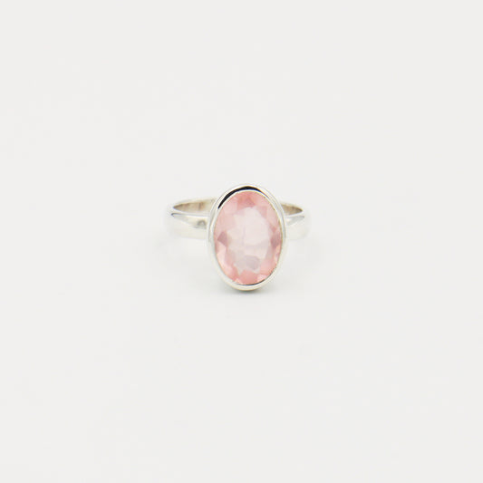 Rose Quartz Oval Bezel Sterling Ring Size 8.5