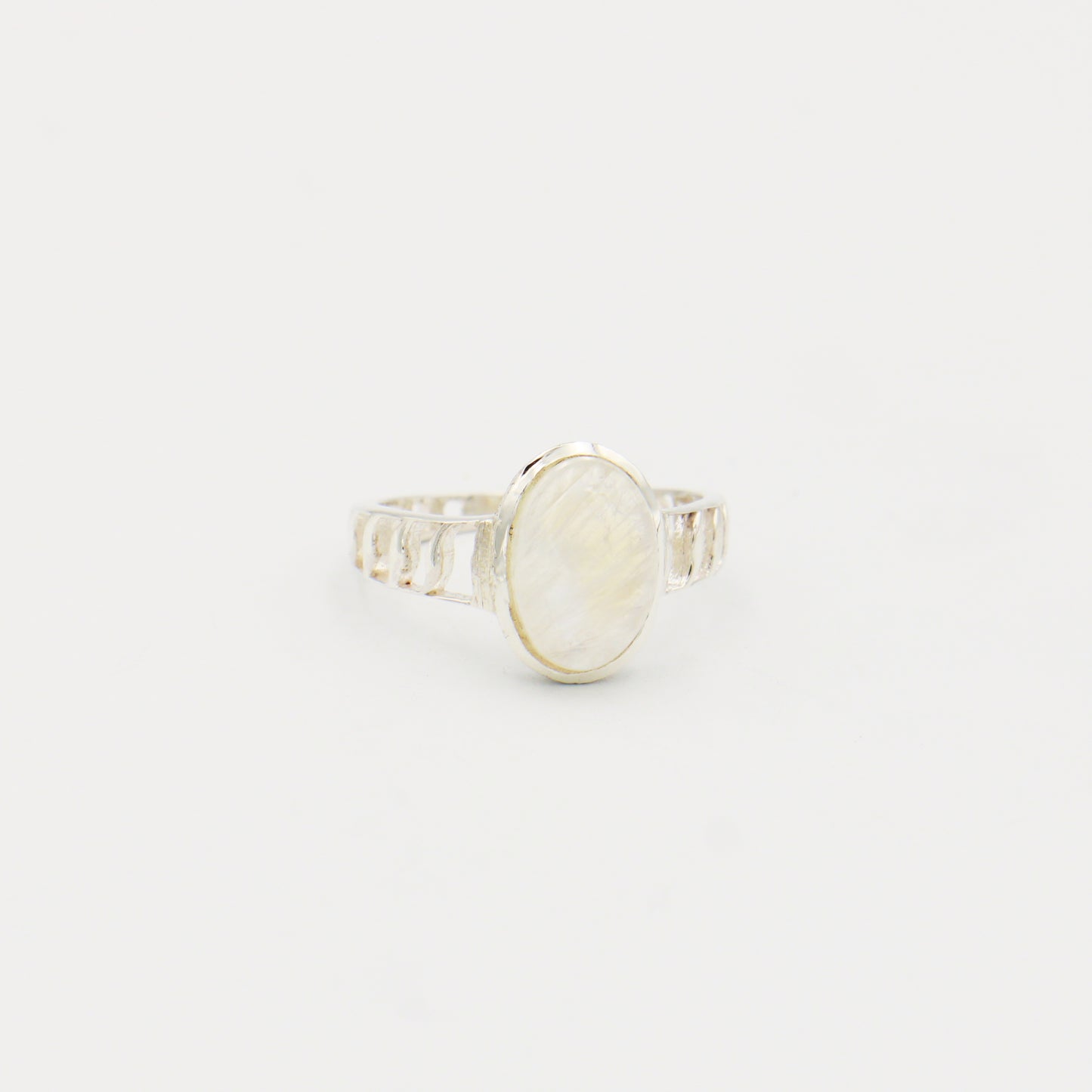 Rainbow Moonstone Oval Textured Sterling Ring Size 8.5