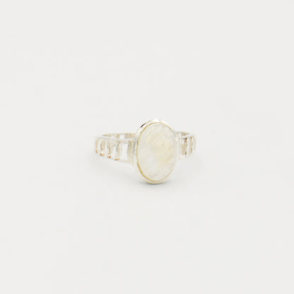 Rainbow Moonstone Oval Textured Sterling Ring Size 8.5