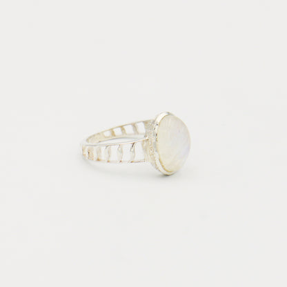 Rainbow Moonstone Oval Textured Sterling Ring Size 8.5
