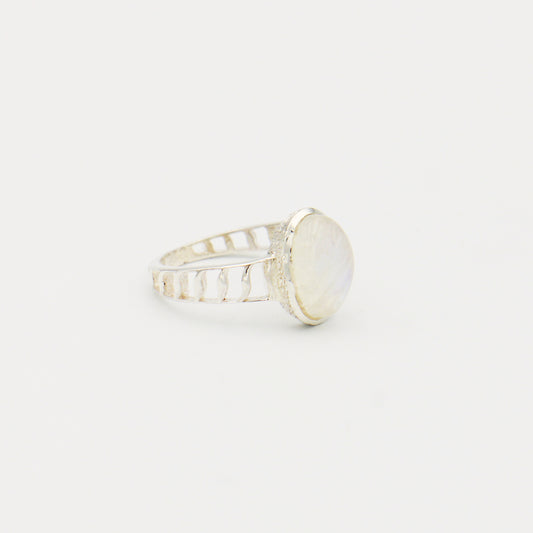 Rainbow Moonstone Oval Textured Sterling Ring Size 8.5