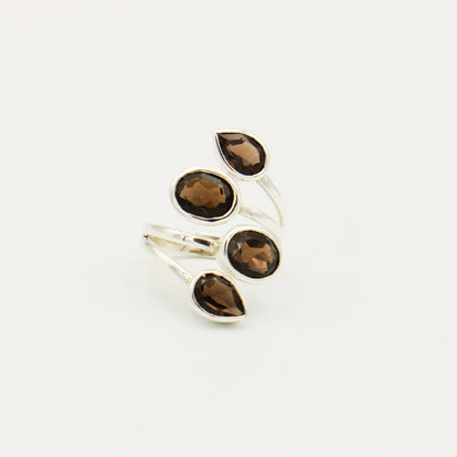 Smoky Quartz 4 Stone Sterling Statement Ring Size 8