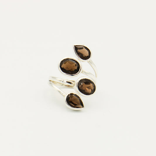 Smoky Quartz 4 Stone Sterling Statement Ring Size 8
