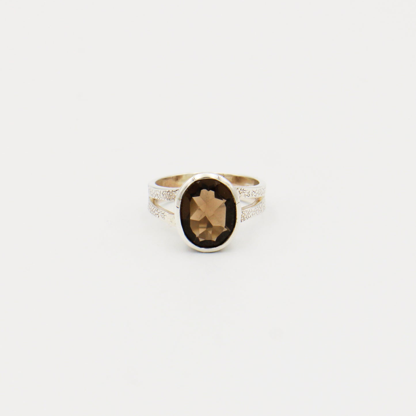 Smoky Quartz Oval Textured Sterling Split Band Ring Size 7