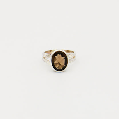 Smoky Quartz Oval Textured Sterling Split Band Ring Size 7
