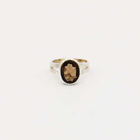 Smoky Quartz Oval Textured Sterling Split Band Ring Size 7