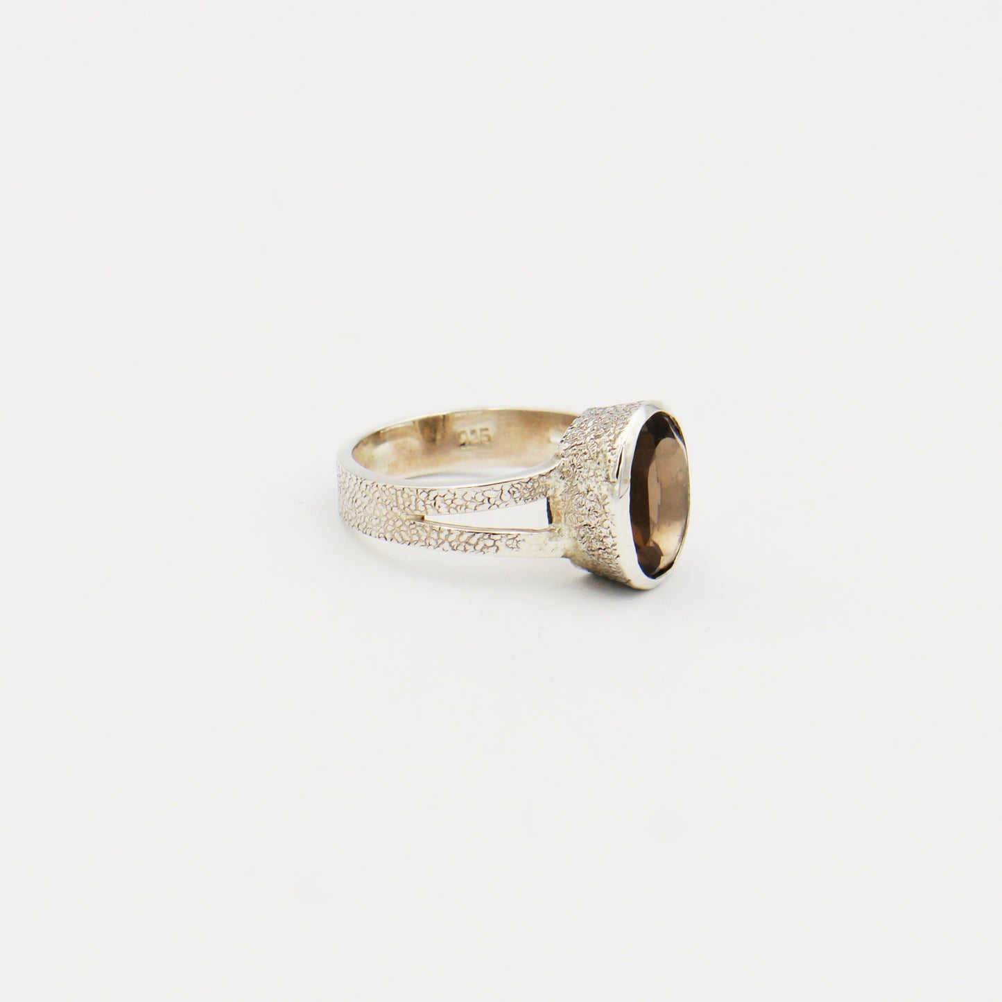 Smoky Quartz Oval Textured Sterling Split Band Ring Size 7