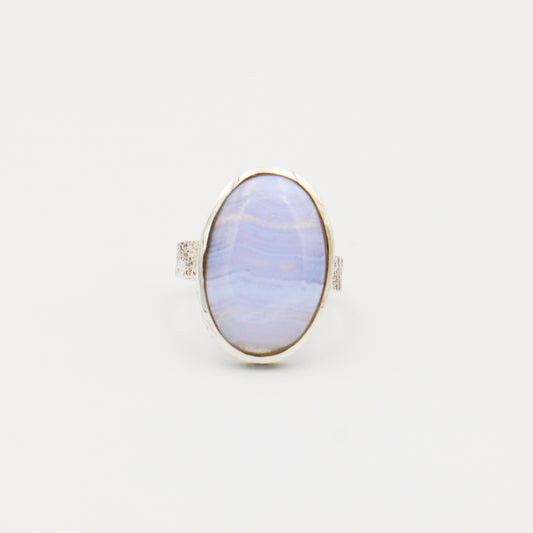 Blue Lace Agate Oval Textured Sterling Ring Size 9
