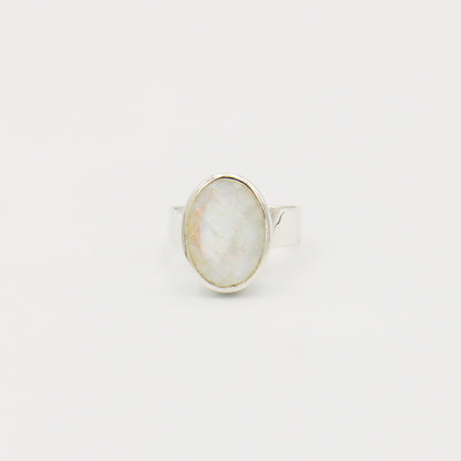 Rainbow Moonstone Faceted Oval Sterling Ring Size 7.5