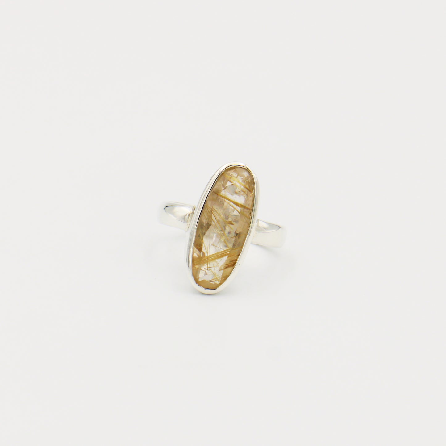 Rutilated Quartz Long Oval Sterling Ring Size 7.5